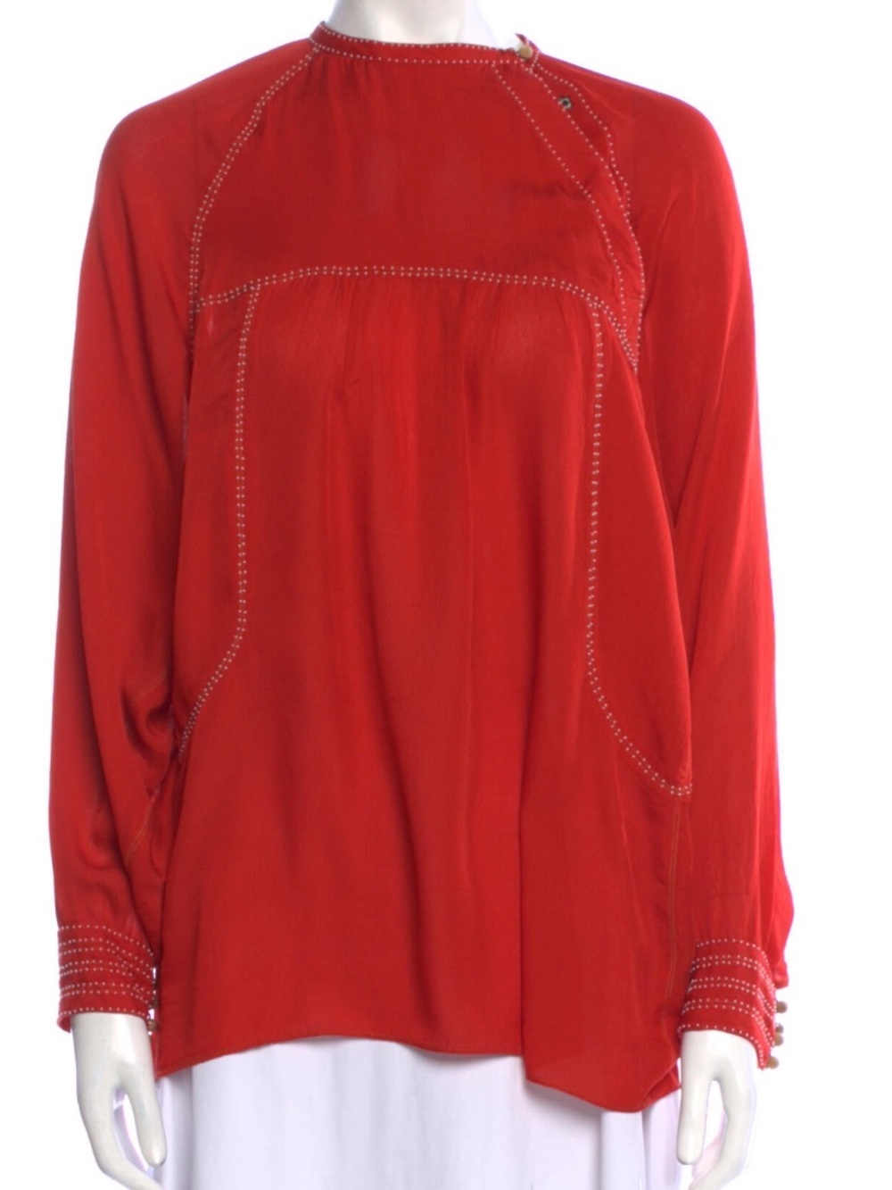 Isabel Marant Red Blouse w/ Contrast Stitch & white beading Sz 36